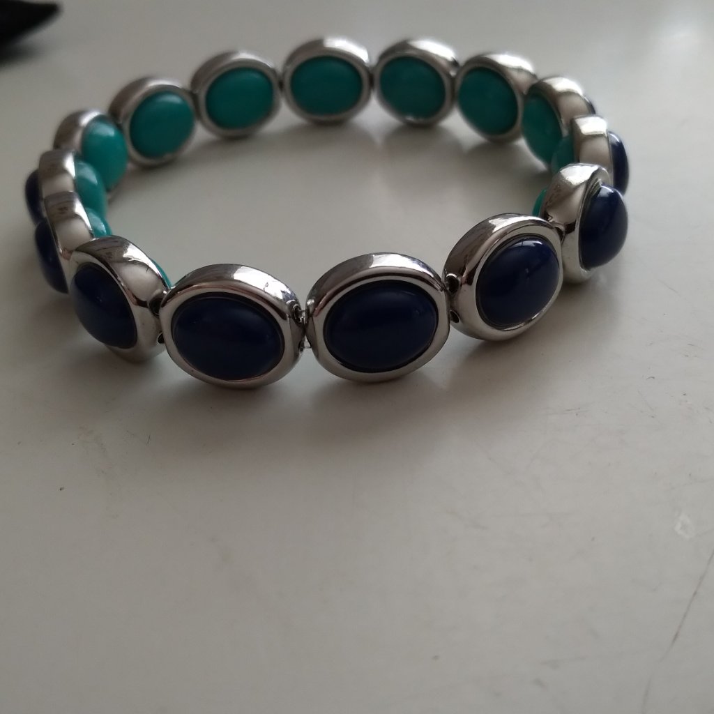 Silver Tone Stainless Oval Two Tone Blue Gemstones Bracelet